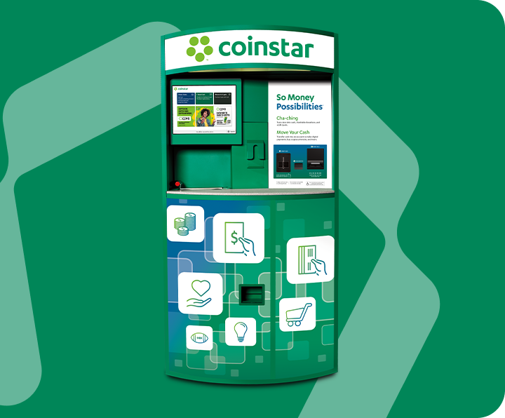 Green Coinstar kiosk on a Green background with the CINQ logomark